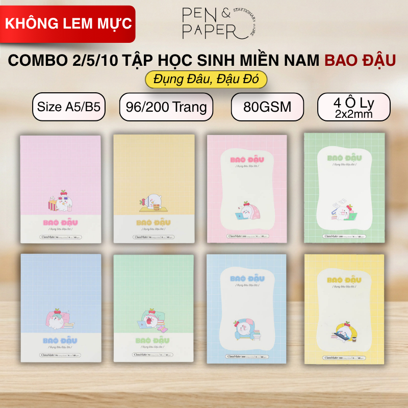 [Tặng 1 Bút] Combo 2/5/10 Tập 4 Ô Ly BST Bao Đậu CLASSMATE A5/B5 96/200 Trang Dòng Kẻ 4 Ô Ly. Vở Giấ