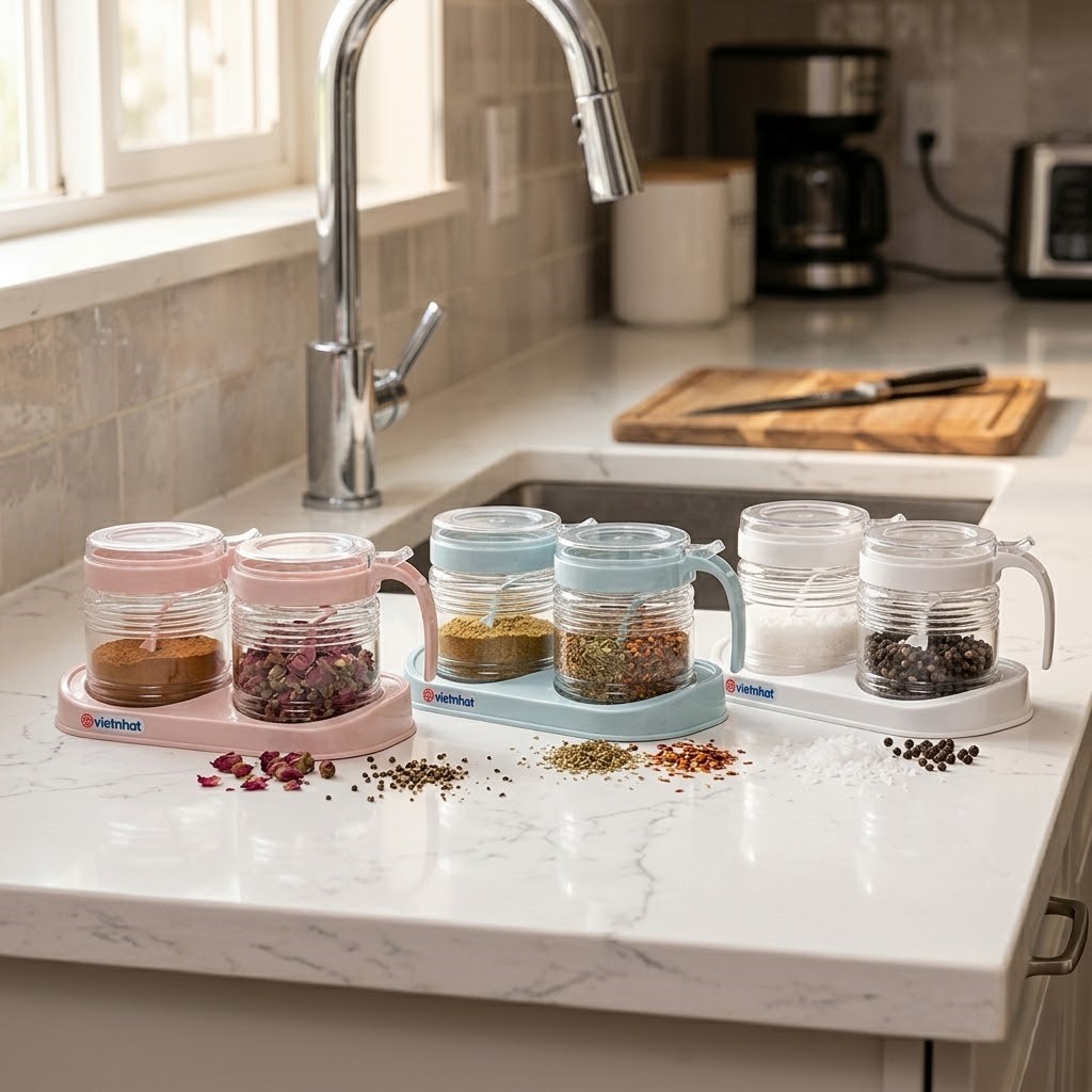 Khay 2 hũ gia vị kèm thìa thông minh việt nhật SAM HOUSE DN104