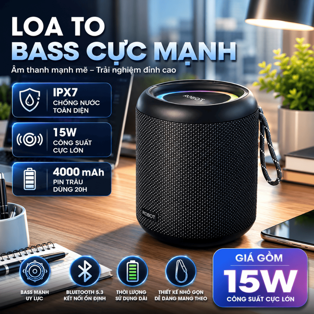 VIVAN Loa Bluetooth 15W Robot RB120S Kháng Nước IPX7 Đèn Led RGB Âm Bass Mạnh Mẽ Robot