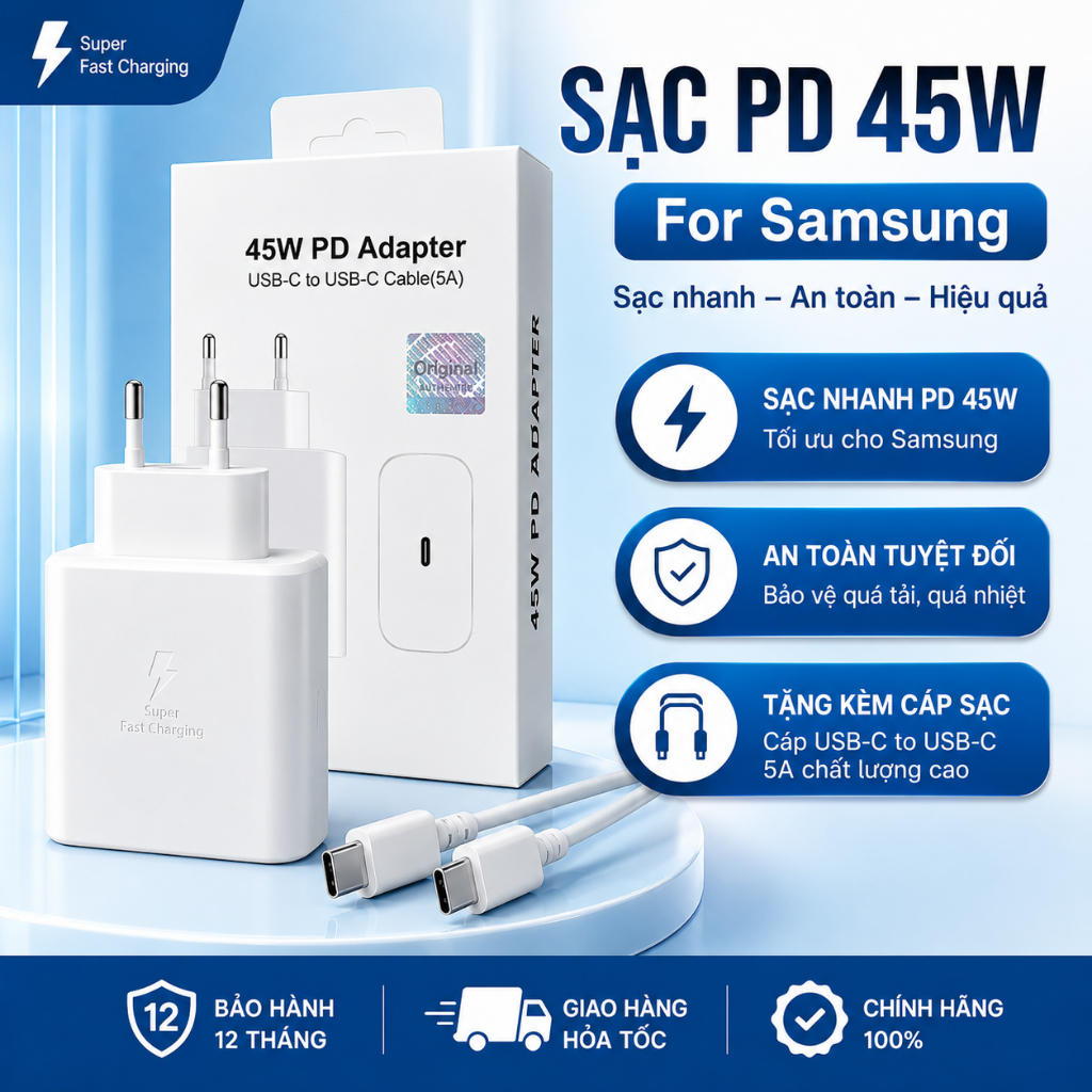 Bộ sạc điện thoại PD 45W dùng cho samsung và các dòng điện thoại androi chân Type-c