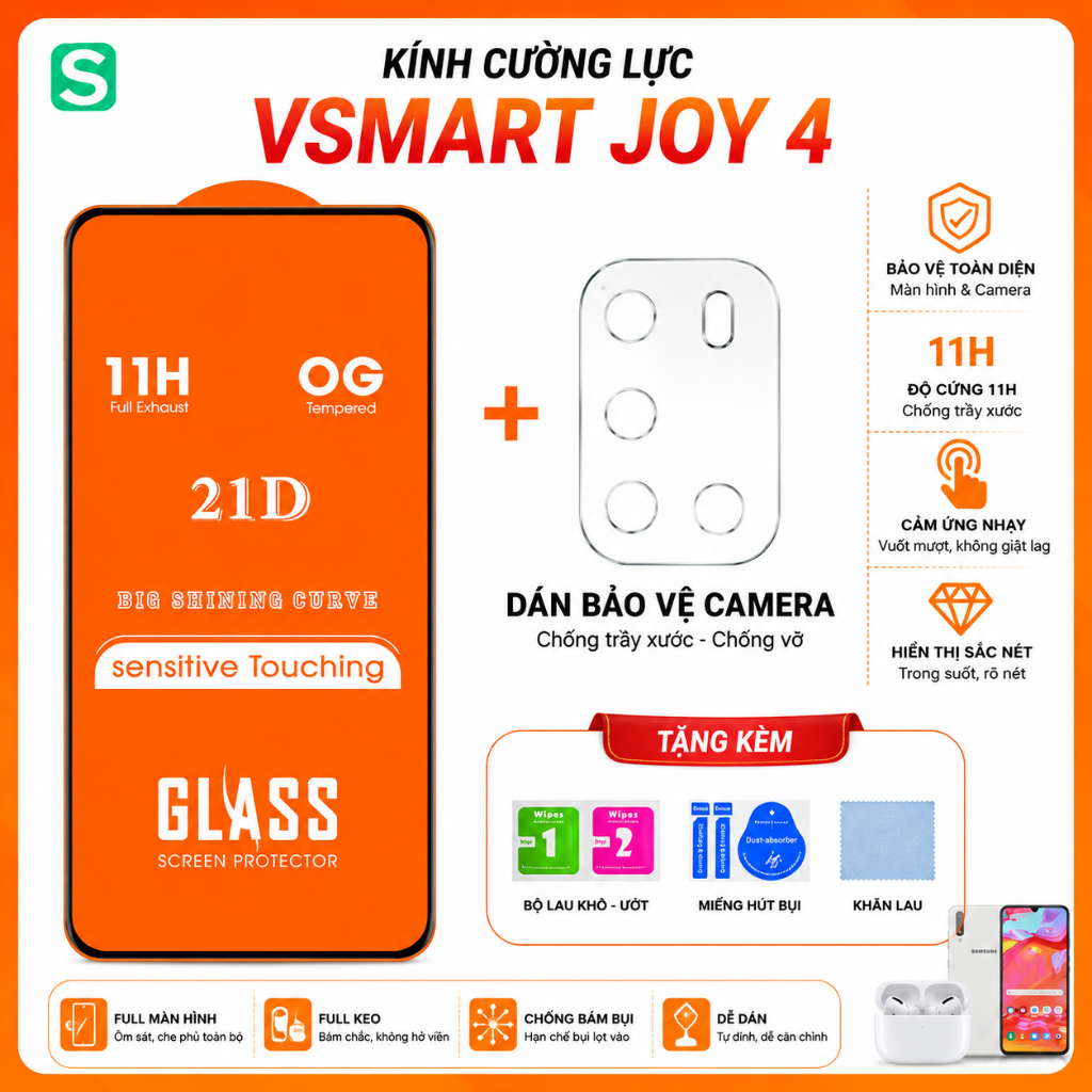 Combo Kính cường lực dành cho Vsmart Joy 4 full màn hình + dán bảo vệ camera Vsmart Joy 4