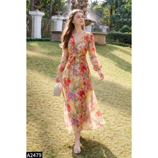Đầm maxi tơ Cati đi biển tông hoa đậm chất hè A2479