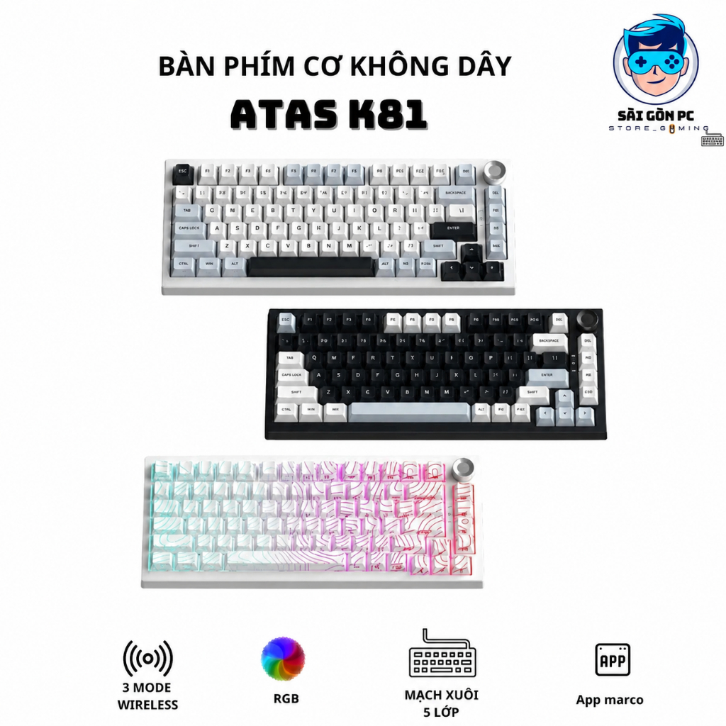 Bàn phím cơ Atas K81 không dây 3 mode - Mạch Xuôi - Hỗ trợ hotswap 5 pin - LED RGB - Có App - Pin 80