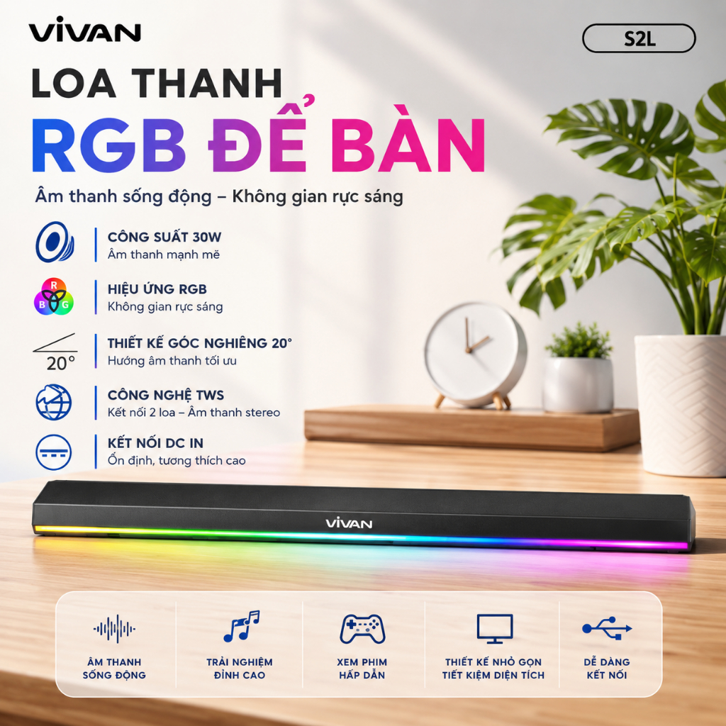 Loa Thanh Soundbar Bluetooth VIVAN S2L Công Suất 30W Bass Trầm Mạnh Mẽ - Kết Nối Thẻ Nhớ, AUX, USB