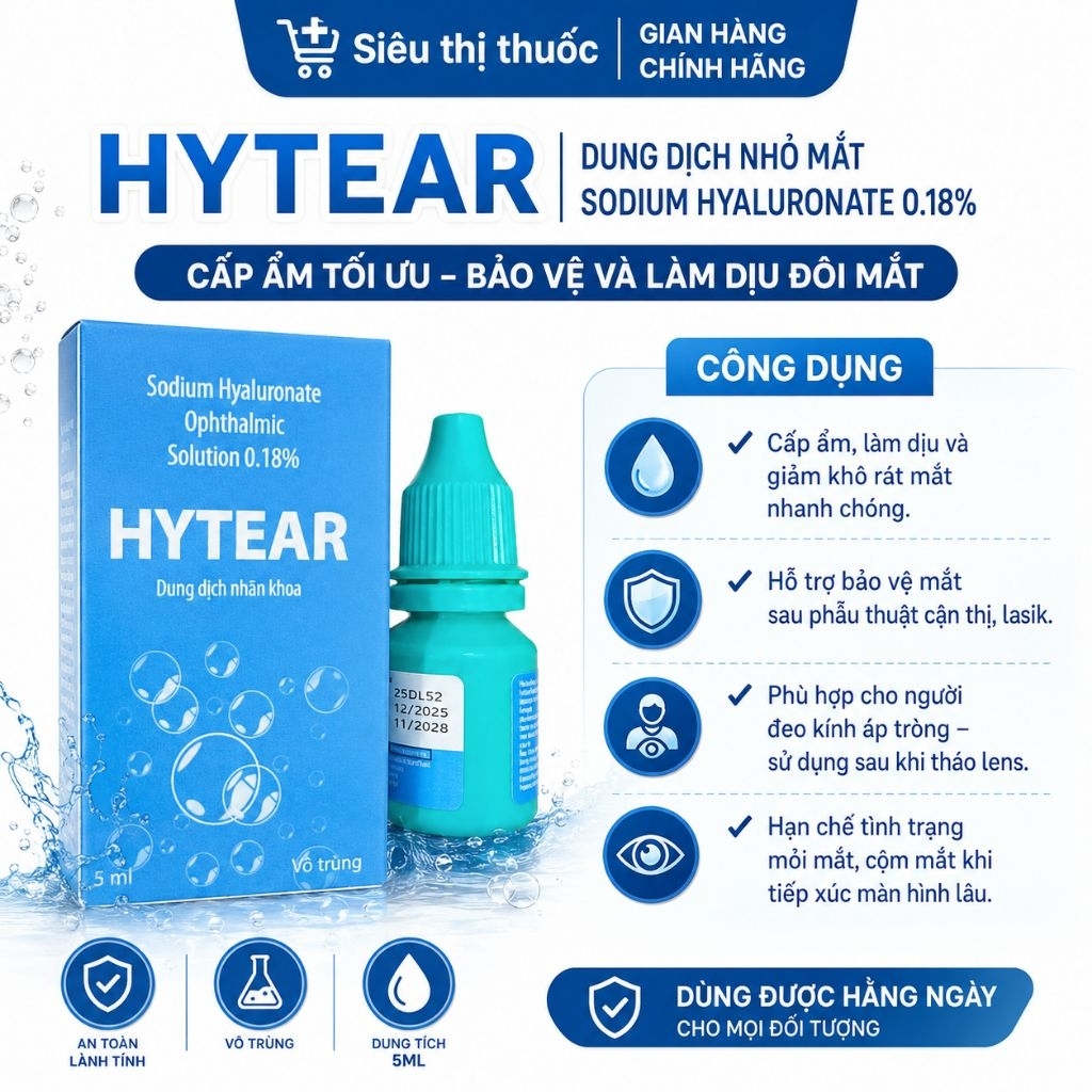 [CHÍNH HÃNG] Nước Mắt Nhân Tạo Hytear 5ml – Nhỏ Mắt Cho Người Đeo Lens, Sau Mổ Cận, Cấp Ẩm Hiệu Quả