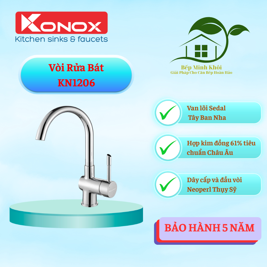 Vòi rửa bát Konox KN1206, Vòi rửa 2 đường nước nóng lạnh đầu vòi xoay 360 độ