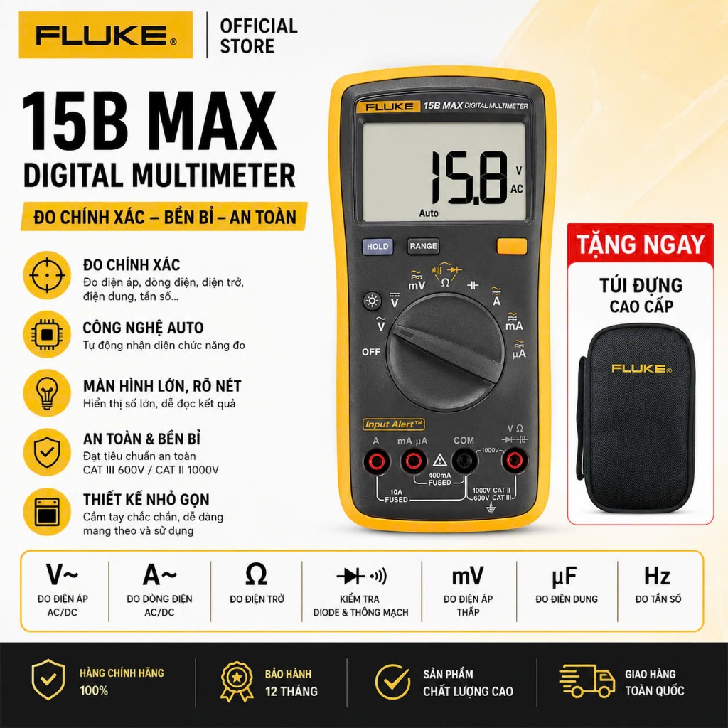 01 NĂM BẢO HÀNH [ FLUKE 15B MAX ] Đồng hồ vạn năng đo điện áp, điện trở, dòng điện Fluke 15B MAX [CH