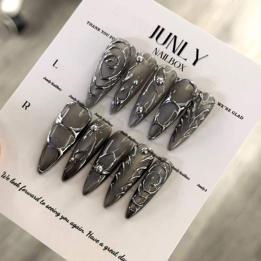 Nailbox thiết kế JUNLY móng tay giả mắt mèo đen tráng gương cho nữ mã 854