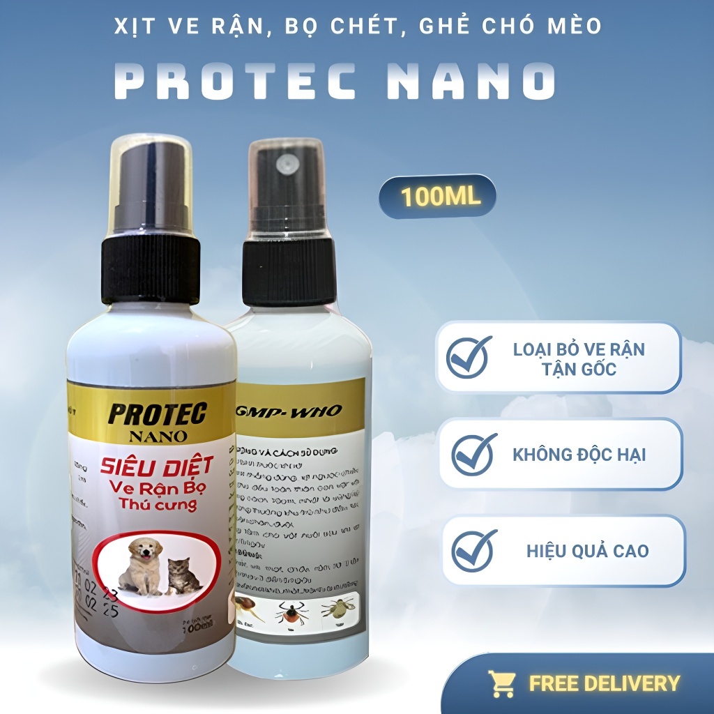 Xịt PROTEC NANO 100ml Vệ Sinh Lông Thú Cưng – Hỗ Trợ Giảm Ngứa & Ngăn Bọ Chét