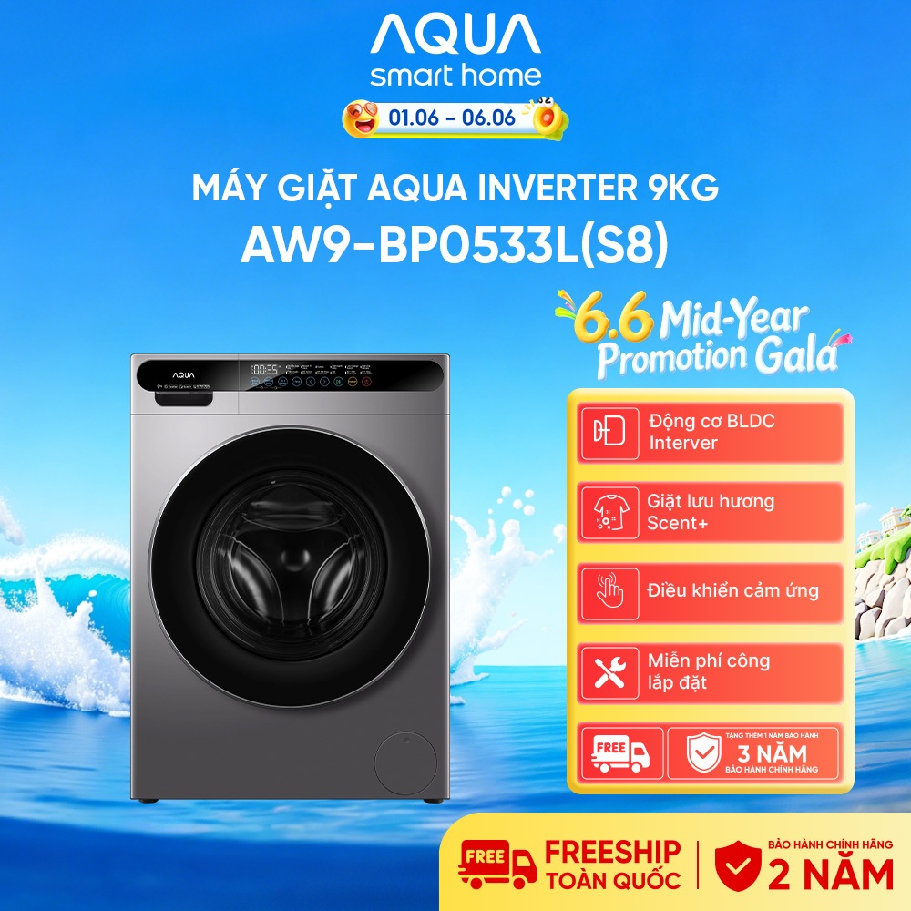 Máy giặt cửa trước AQUA Inverter 9kg AW9-BP0533L(S8) - Bảo hành 2 năm - Freeship toàn quốc