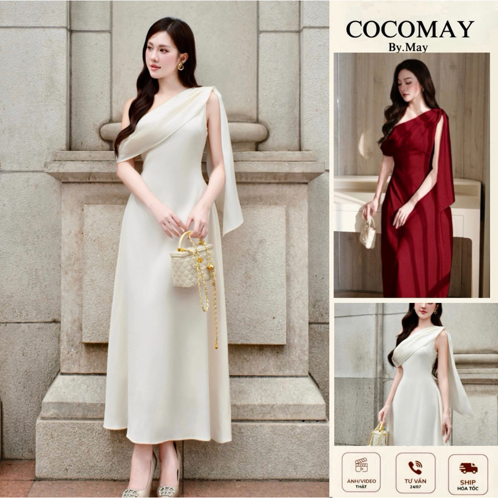 COCOMAY - Muse Off-Shoulder Đầm lệch vai midi Nử dress ( màu kem vàng - Đỏ đô )