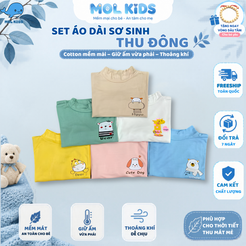 Set 3-5 Áo Sơ Sinh Dài Tay Cổ Bo 3 Phân Phối Màu Mềm Mịn Giữ Ấm Cho Bé 5-16kg Molkids