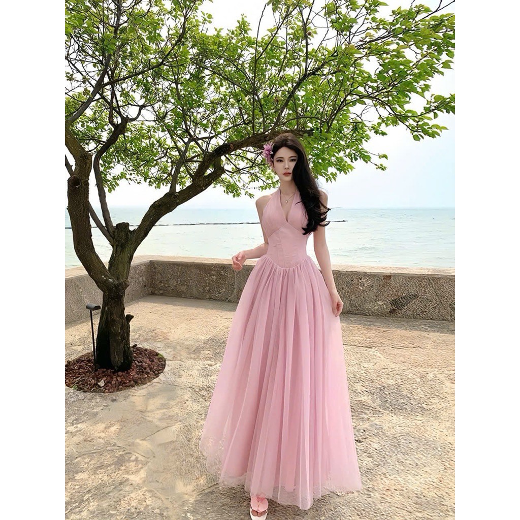 Đầm lưới cổ yếm mocking lưng dáng dài cực sang, đầm maxi đi biển, đầm cổ yếm dự tiệc, đầm dài đi đám