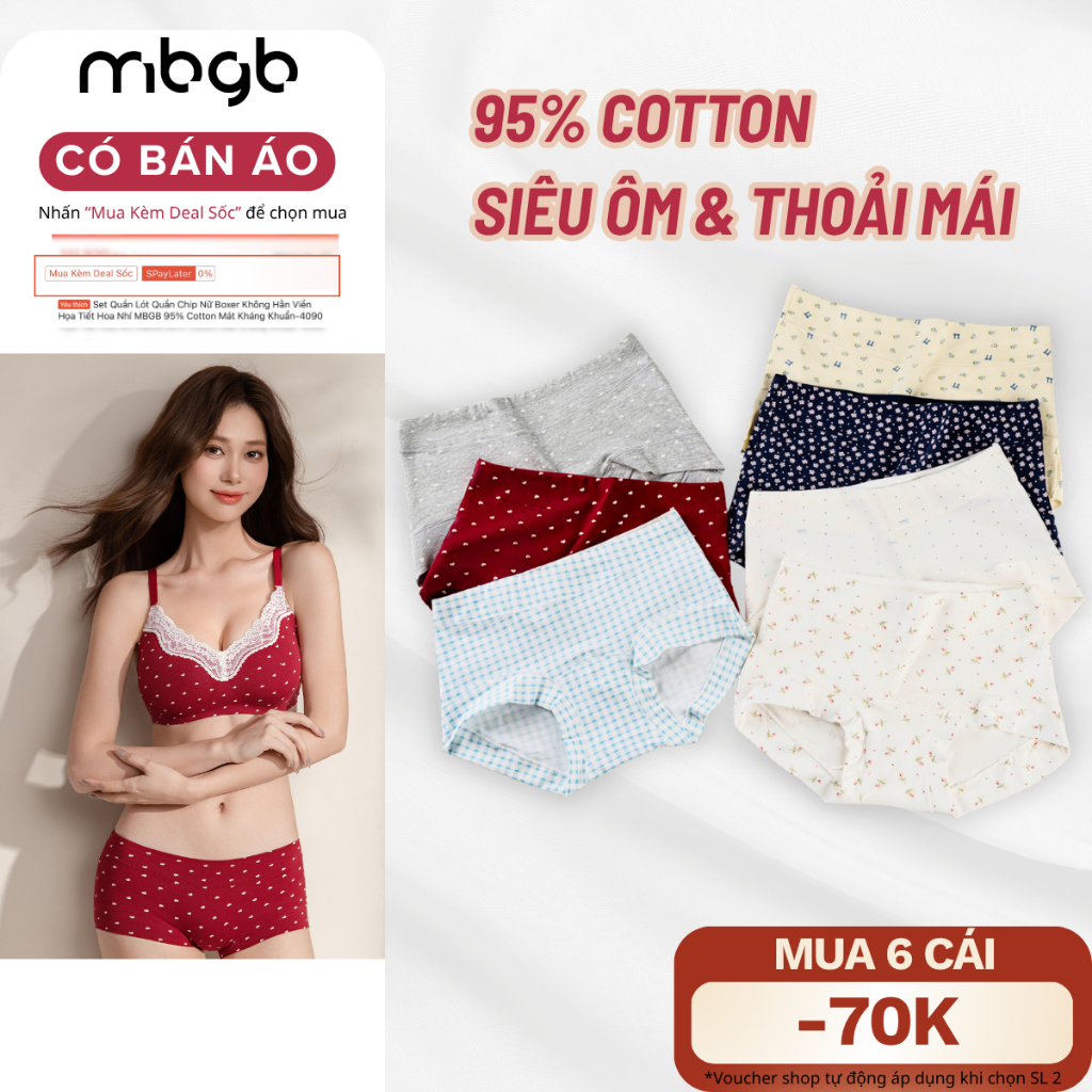 Set 3 Quần Lót Nữ Boxer MBGB Không Hằn Viền Quần Chip Họa Tiết Hoa Nhí 95% Cotton Kháng Khuẩn-4090