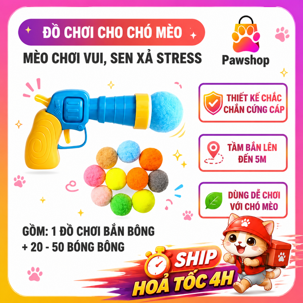 Đồ chơi bắn bóng bông cho chó mèo Paw Shop – Dùng để huấn luyện chơi cùng Bé
