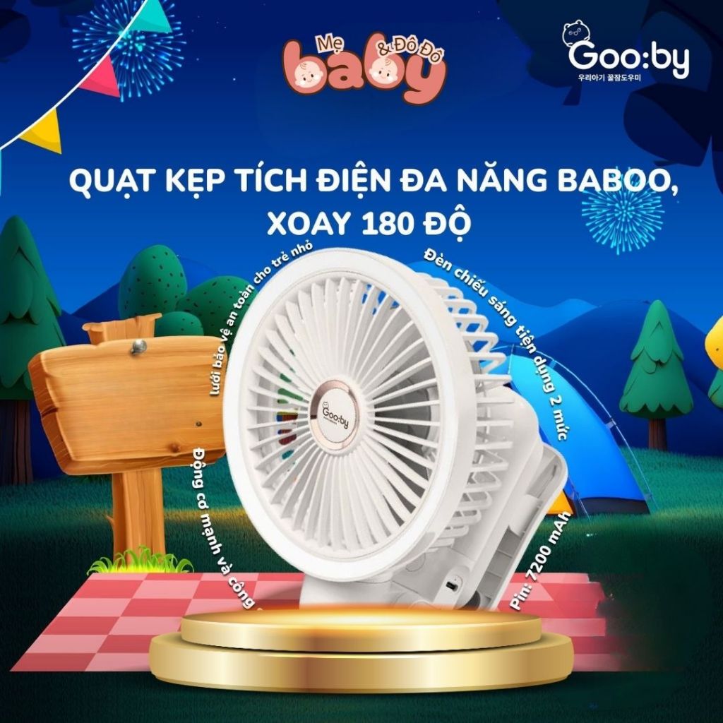 Quạt Kẹp Xe Đẩy Baboo Sạc Điện, Pin 7200mah Xoay 180 Độ Cho Bé
