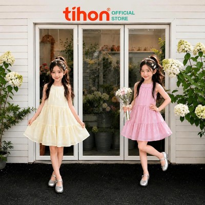 Váy bé gái TIHON cao cấp chất tơ mềm thoáng thiết kế cổ yếm họa tiết nơ siêu yêu cho bé VT0744229