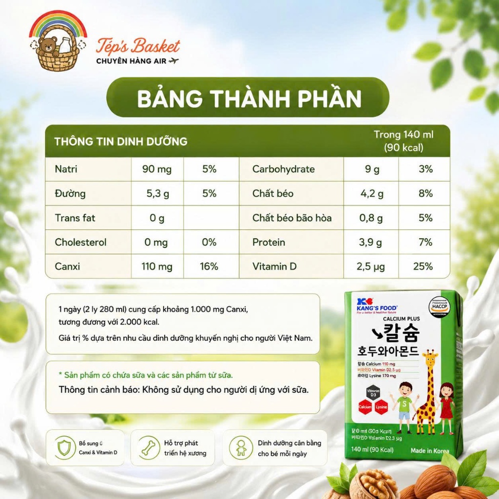 𝐒𝐮̛̃𝐚 hạt Kidplus , Kang's food cho bé từ 1 tuổi( tách lẻ hộp 140ml) bé dị ứng đạm bò dùng được