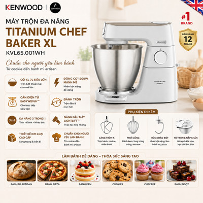 Máy trộn bột, đánh trứng làm bánh đa năng KENWOOD Titanium Chef Baker XL KVL65.001WH