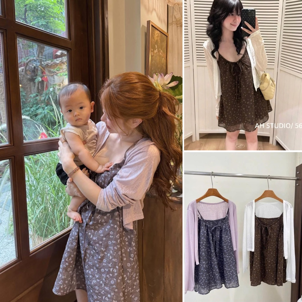 [Hàng sẵn] SET VÁY HAI DÂY BABYDOLL THÔ HOA HỒNG MIX ÁO CARDIGAN TRẮNG MỎNG NGỌT NGÀO | BigBuy360 - bigbuy360.vn