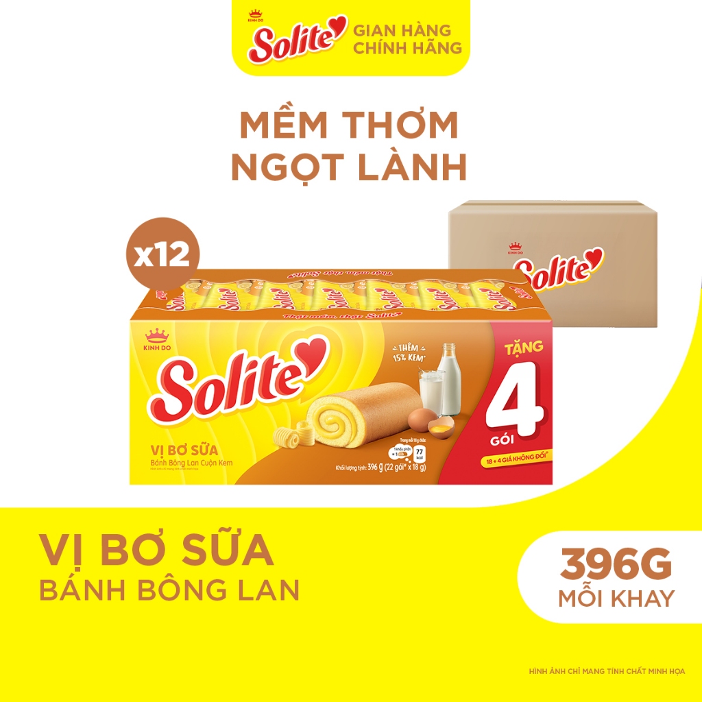 Thùng 12 Khay Bánh Bông Lan Cuộn Kem Solite 18+4 Bơ Sữa 396g