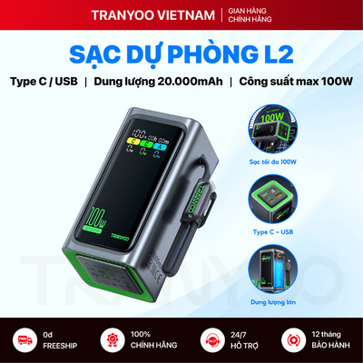 Sạc Dự Phòng TRANYOO T-L2 20.000mAh Max Công Suất 100W, 2 Cổng USB | Type C Đi Kèm Cáp Type C 100W