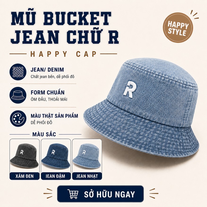 Mũ Bucket Jean Chữ R Chất Vải Denim Dày Dặn Mũ Tai Bèo Che Nắng Thời Trang Đi Chơi, Du Lịch Form Uni