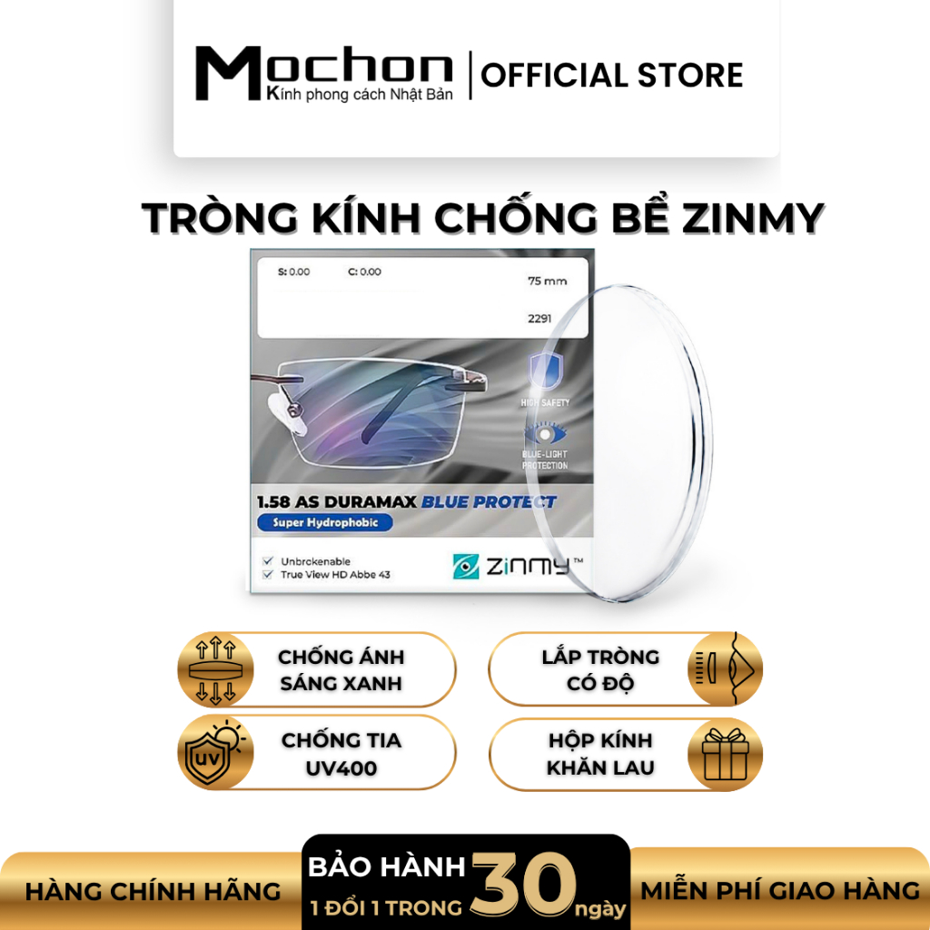 Tròng Kính Cận Chống Bể ZINMY DURAMAX MOCHON Kính Chống Ánh Sáng Xanh Lắp Cận Loạn Miễn Phí