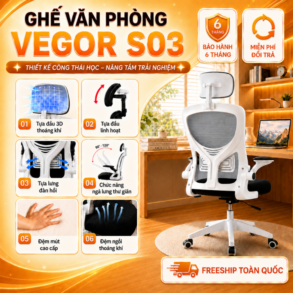 Ghế xoay văn phòng Công thái học xoay 360 độ, ngả 35 độ điều chỉnh đa điểm bảo vệ cột sống Thương hiệu Vegor Life - S03Đ