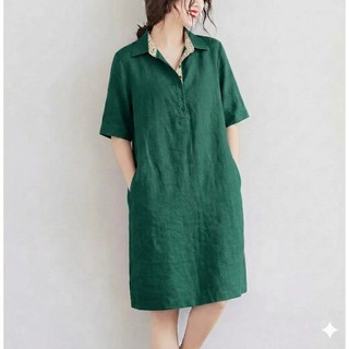 Đầm Suông Linen Cổ Đức Tay Lỡ Nữ Tính, Phối Hoa Trẻ Trung Có Túi Sườn, Form Váy Rộng Mềm Mát Dễ Mặc - DS01