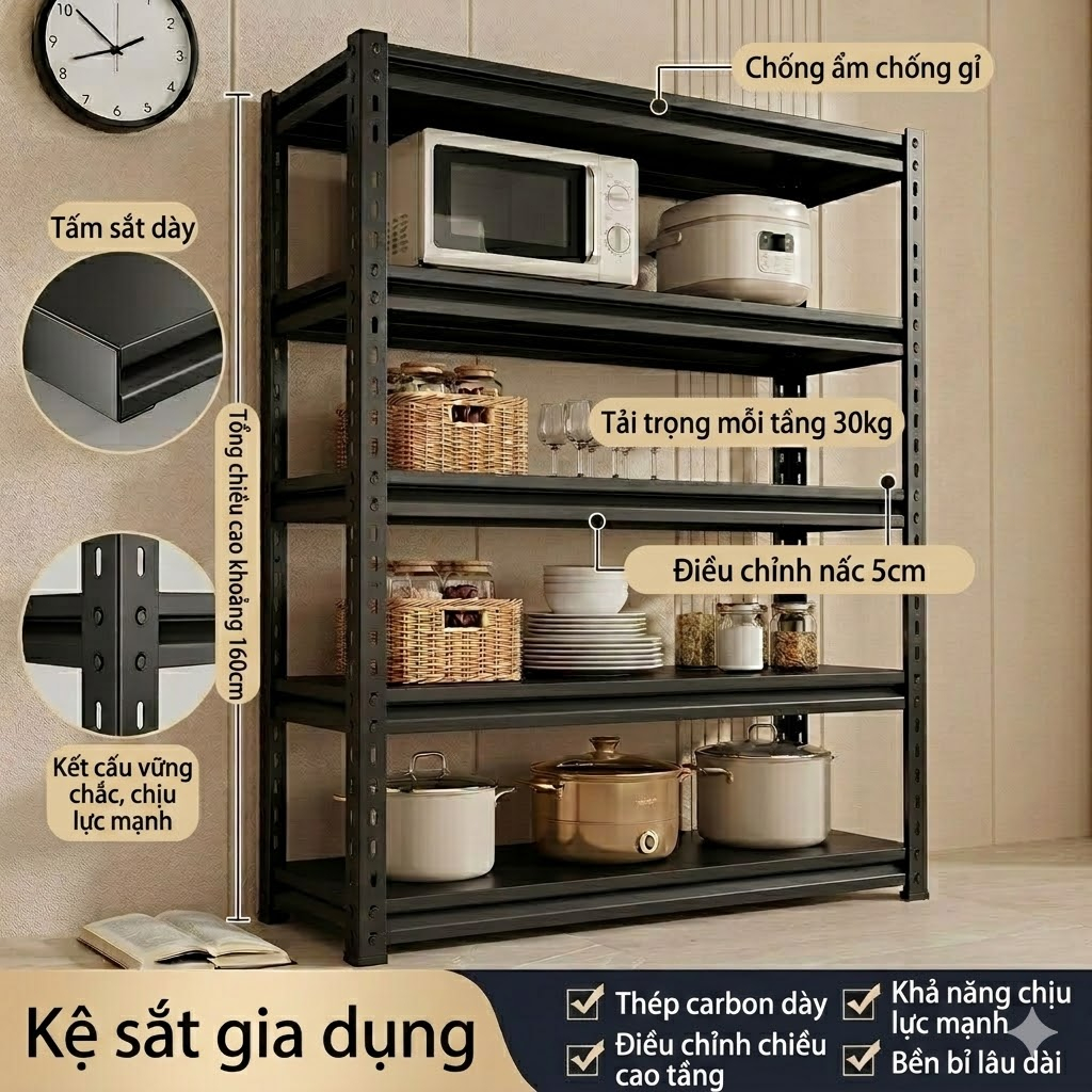 LUXE Kệ sắt 5 tầng Cao Cấp Kệ để đồ Mỗi lớp có thể chịu được 100kg Kệ sắt v lỗ đựng đồ Chống
