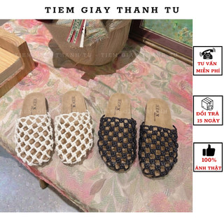 W28 {tiemgiaythanhtu} Dép Sục Nữ Đan Lưới Vintage – Dép Bệt Mũi Tròn Da Mềm Phong Cách Hàn Quốc Hàng QC Fullbox