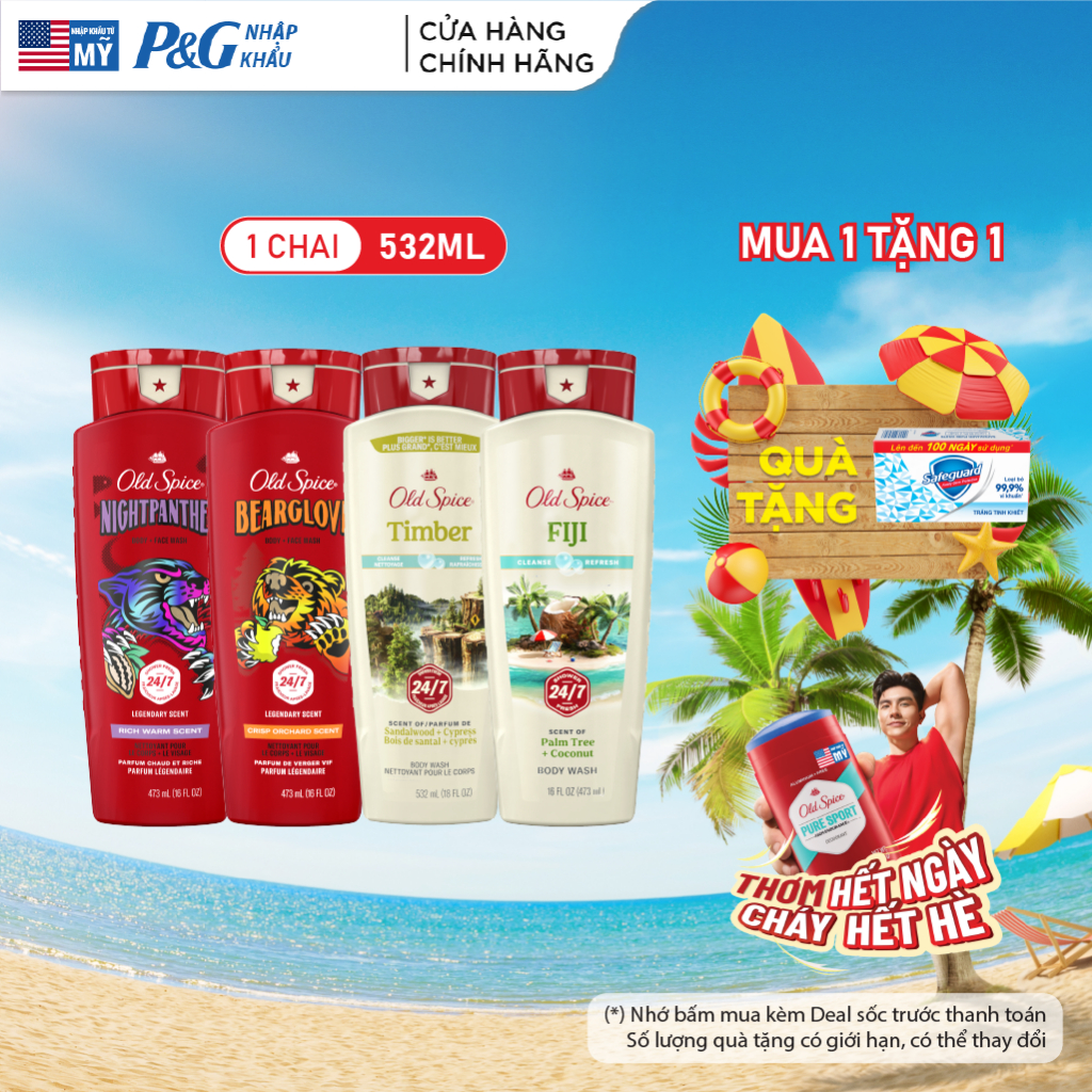 Sữa Tắm OLD SPICE 473/532ml dạng gel cho nam, hương nước hoa, tích hợp sữa rửa mặt thơm lâu 24/7 nhiều mùi hương - Mỹ
