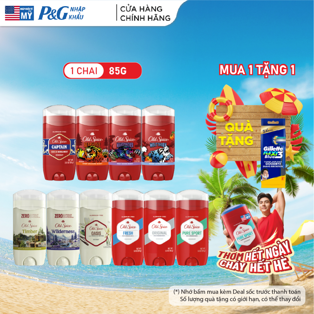 Sáp Khử Mùi & Ngăn ố vàng áo OLD SPICE 85g, thơm lâu vượt trội, nhiều mùi hương (Sáp xanh) - Mỹ