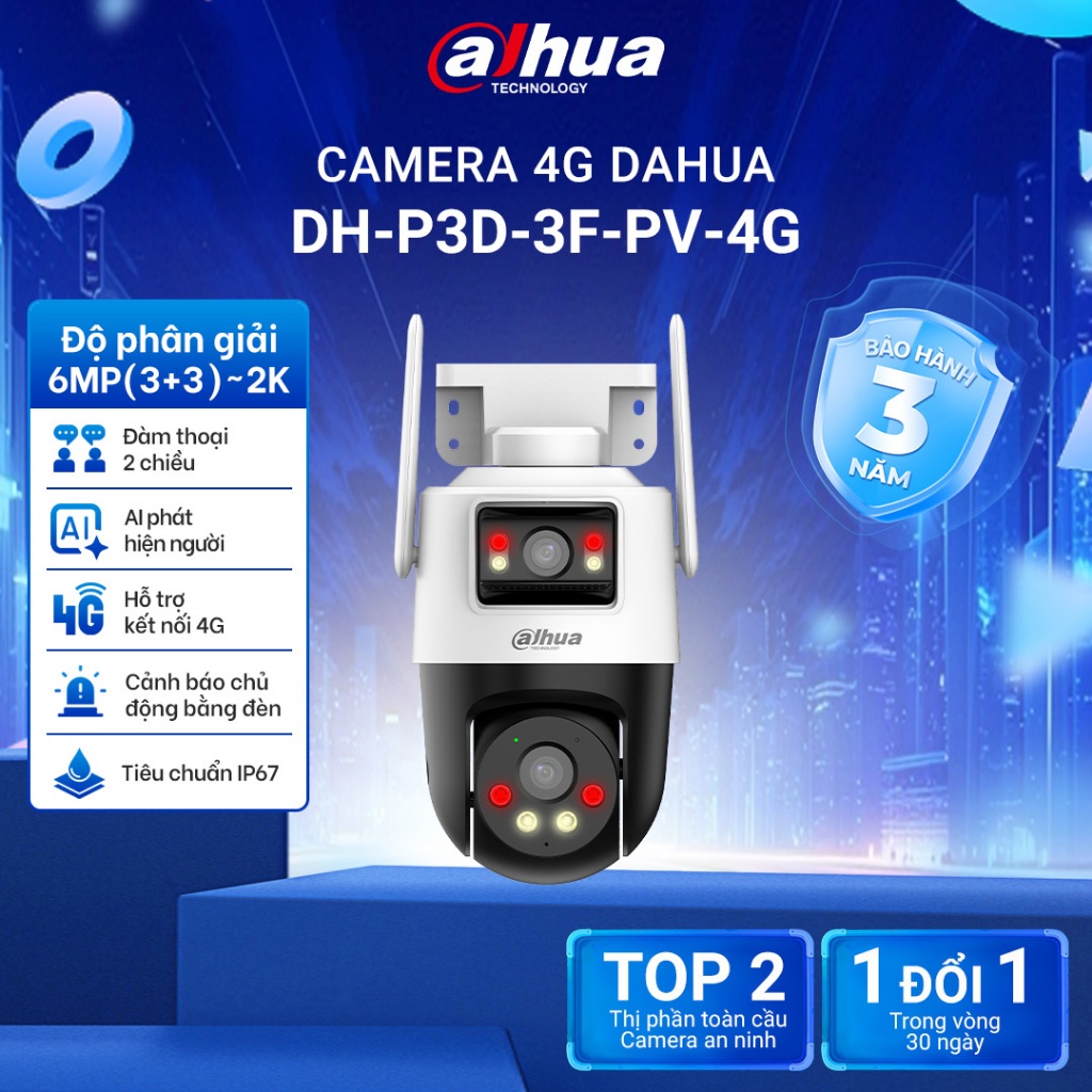 Camera IP 4G Ngoài Trời Dahua Picoo Dual D1 2 Mắt Kép 6MP, Chống nước IP66 , Có màu ban đêm,DH-P3D-3