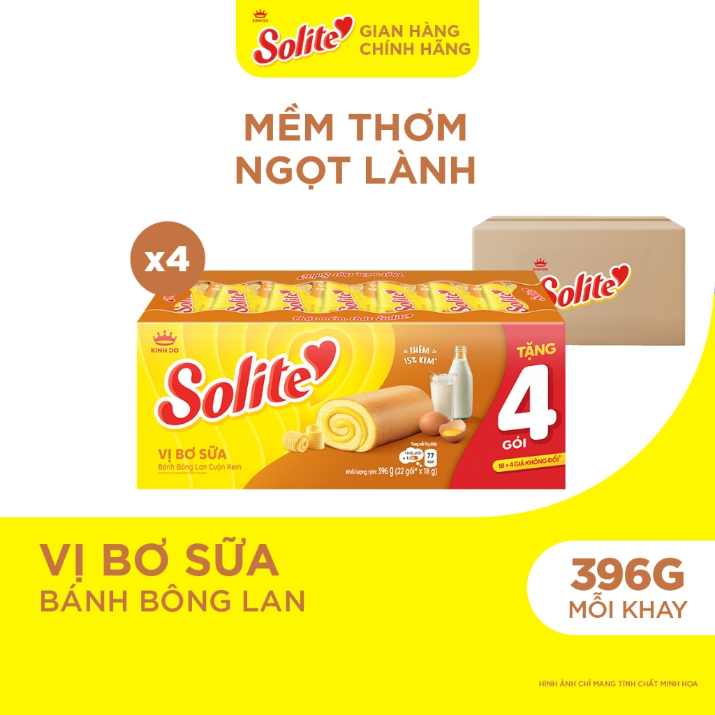Combo 4 Khay Bánh Bông Lan Cuộn Kem Solite 18+4 Bơ Sữa 396g