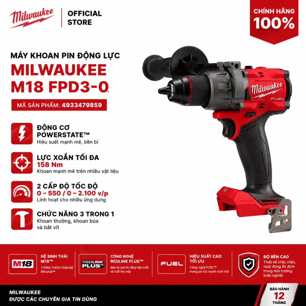 [CHÍNH HÃNG] Máy Khoan Động Lực Pin 18V Milwaukee M18 FPD3-0X (Gen 4) - Lực Siêu Mạnh 158Nm