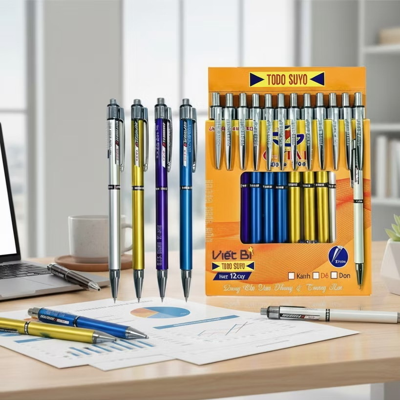 Hộp 12 Cây Bút Bi Bấm Todo Suyo – Ngòi Bi 0.7mm, Mực Xanh Đức, Viết Êm Tay, Mực Ra Đều Chuẩn Thụy Sĩ