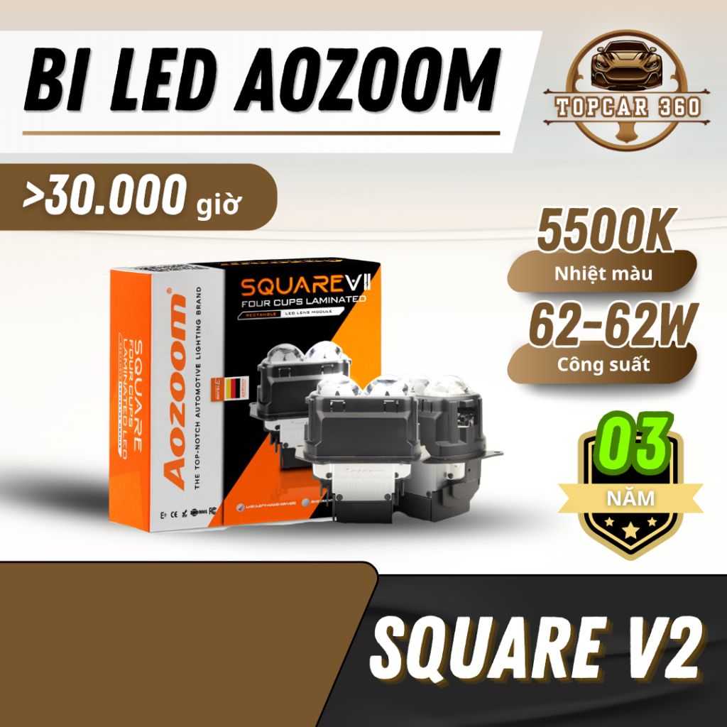 Bi LED Ô Tô Aozoom Square V2 - Ánh sáng tỏa rộng phủ đều Thấu kính đôi cho hốc đèn hẹp TopCar360 BS0