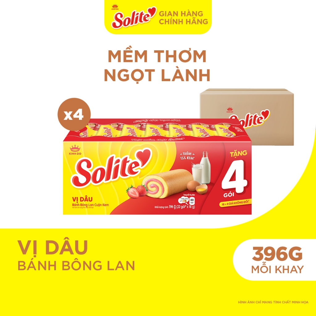 Combo 4 Khay Bánh Bông Lan Cuộn Kem Solite 18+4 Vị Dâu 396g
