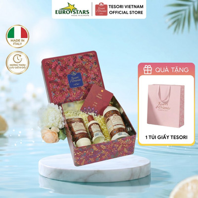 Hộp Quà Tặng Sữa Tắm 500ml, 250ml & Nước Hoa 100ml Tesori d'Oriente Nhập Khẩu Chính Hãng Ý - Hộp Quà Thiếc kèm Túi Giấy