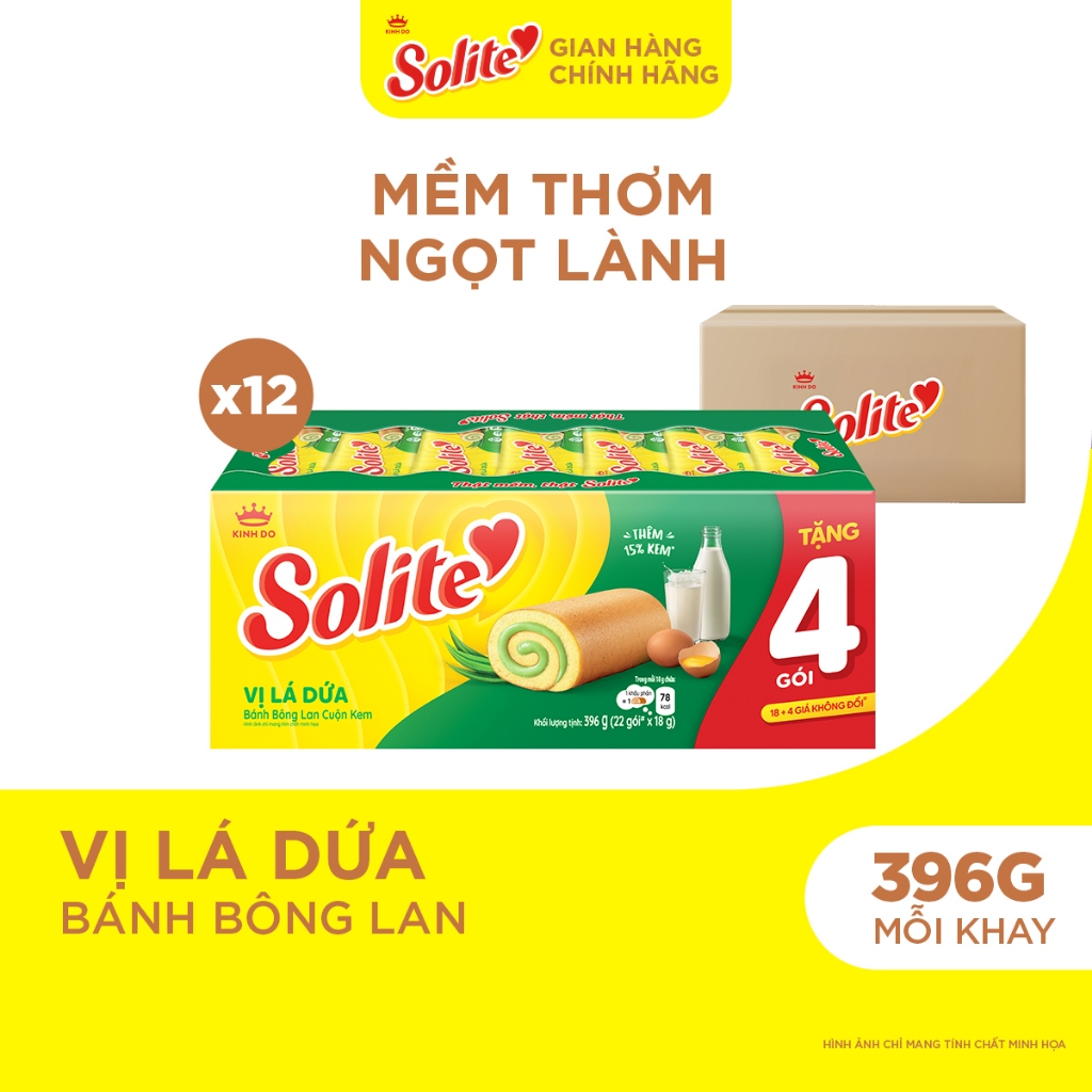 Thùng 12 Khay Bánh Bông Lan Cuộn Kem Solite 18+4 Vị Lá Dứa 396g