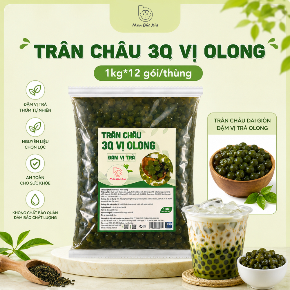 Trân châu 3Q Olong đậm vị có lá trà  -Trân châu 3Q dai giòn bịch 1kg