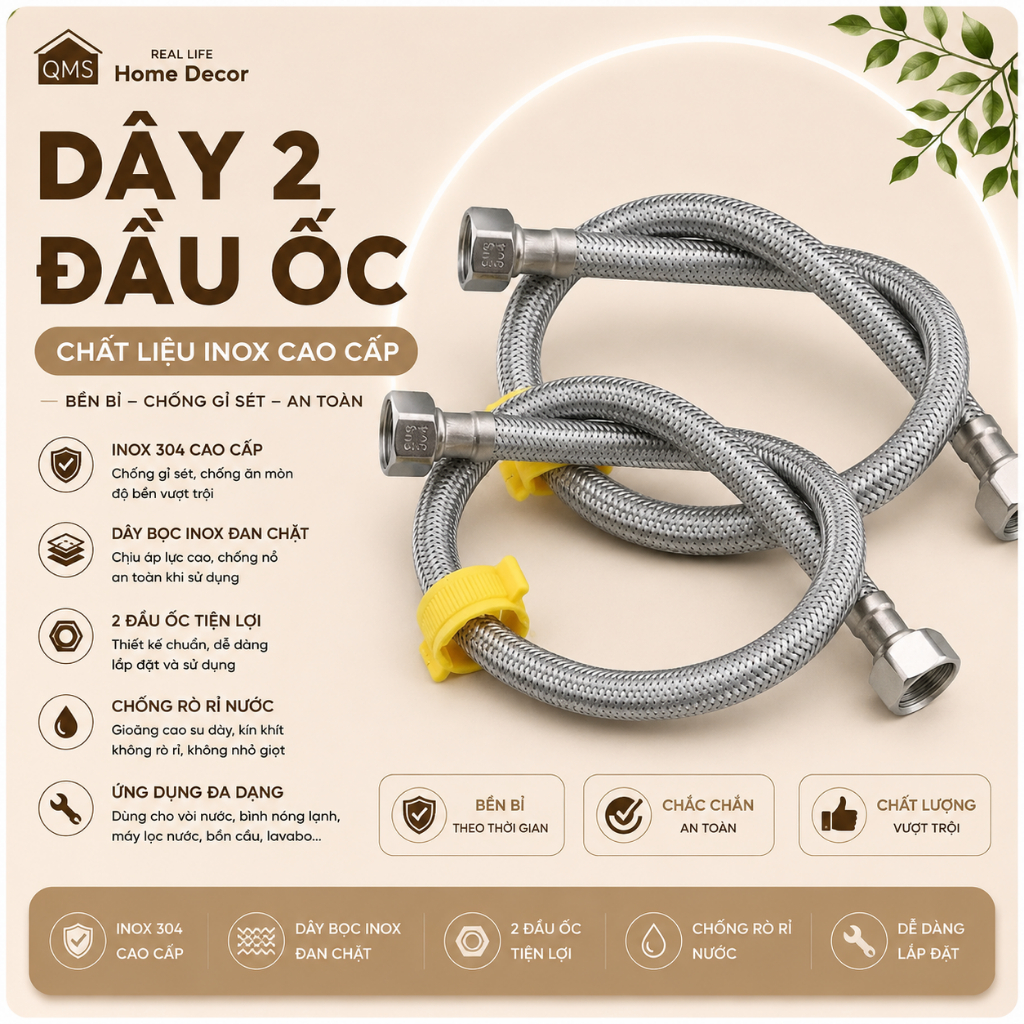 Dây cấp nước nóng lạnh 3 lớp, dây 2 đầu ốc chất liệu INOX 304 cao cấp dùng cho vòi lavabo, vòi rửa c