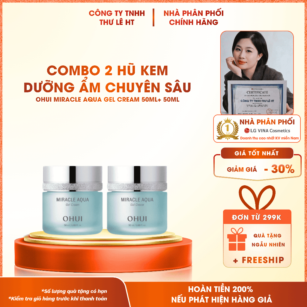 Combo Kem Dưỡng Ohui Miracle Aqua Gel Cream 50ml Tinh Chất Aurora HA Cấp Ẩm Dịu Nhẹ Ngăn Ngừa Lão Hó