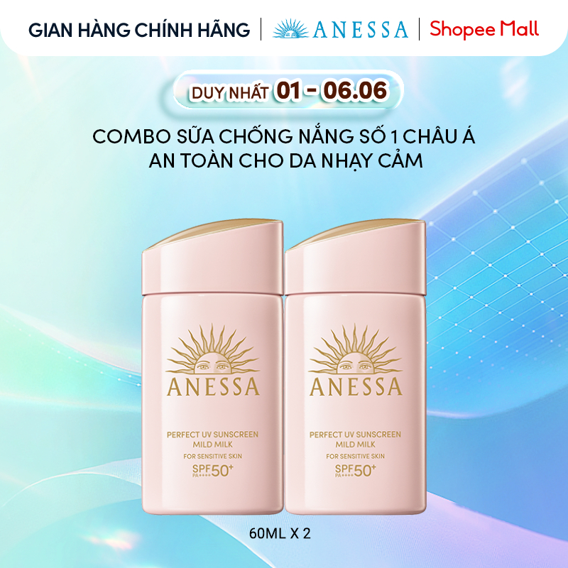 Combo Sữa chống nắng dưỡng da dịu nhẹ an toàn cho da nhạy cảm và trẻ em Anessa Mild Milk SPF50+ PA++++ 60mlx2