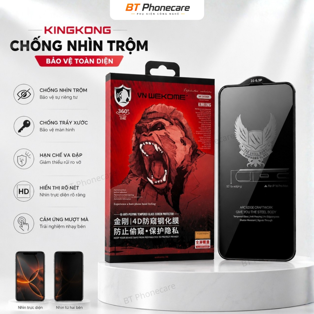 Cường Lực KingKong Chống Nhìn Trộm Full Viền i.P X-18 Prm Bảo Vệ Màn Hình Riêng Tư