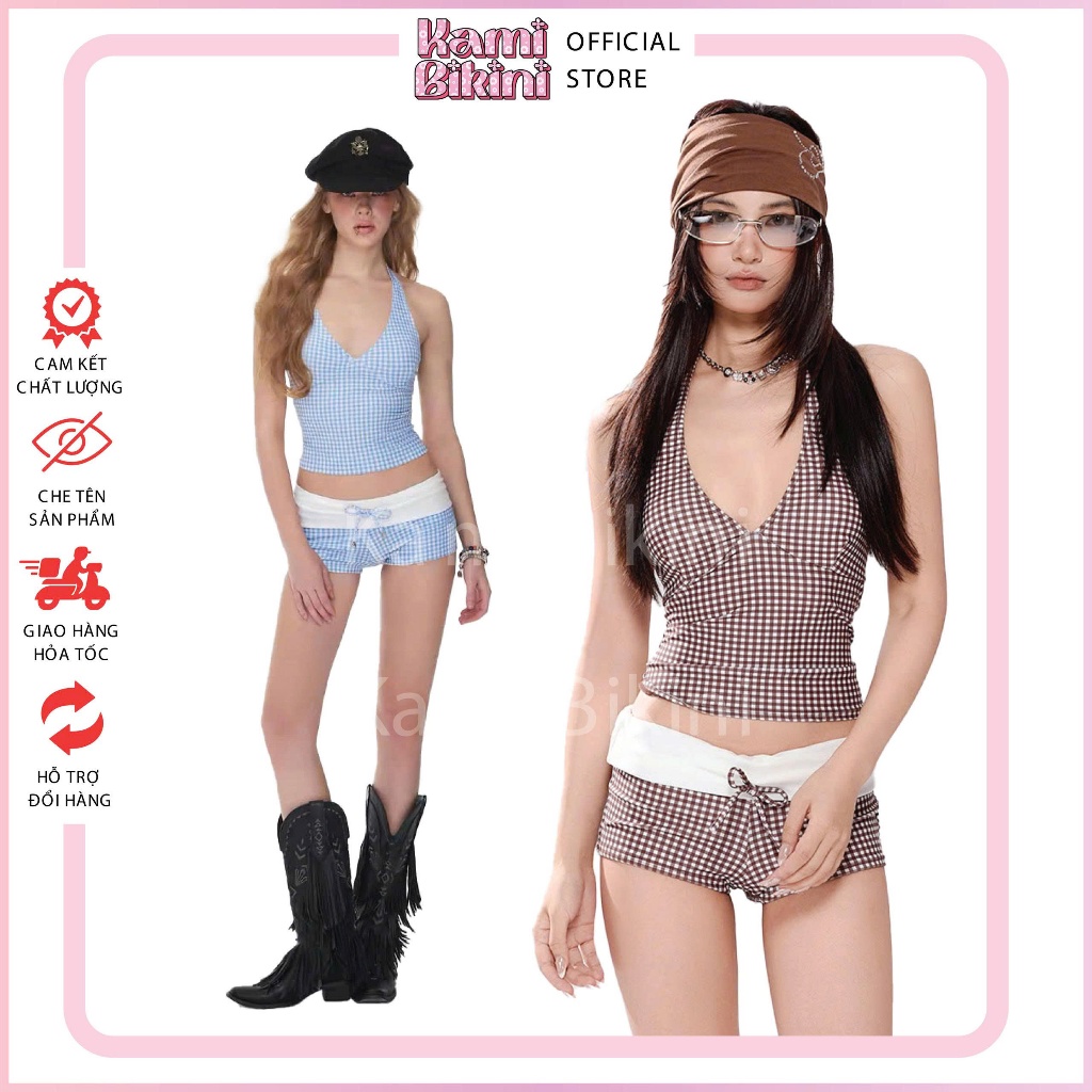 Set Bikini Đi Biển Họa Tiết Caro 2 Màu Xanh, Nâu Hot Trend, Set Đồ Đi Biển Kín Đáo Cổ Yếm Ôm Dáng - H30