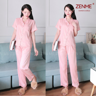 Bộ đồ ngủ Pijama nữ ZENME Tay ngắn Quần Dài Mùa Hè Lụa Vân Gỗ Ánh Kim PJD0225