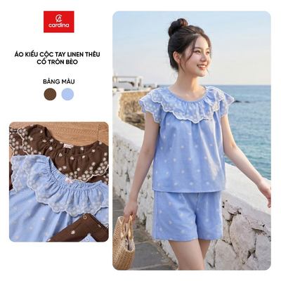 Áo kiểu nữ CARDINA chất liệu linen thêu cổ tròn bèo 6AKC31